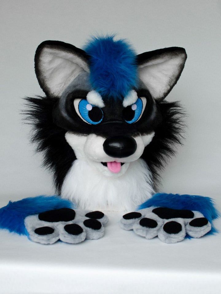 Black airbrushed wolf fursuit head and hand paws for sale, black wolf furry suit